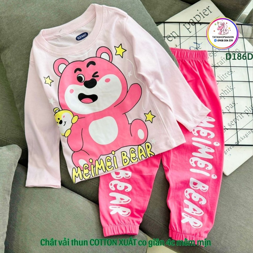 Bộ quần áo tay dài bé gái thun cotton xuất in hoạt hình D186