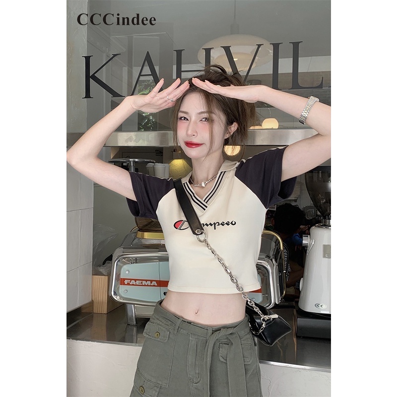 Áo Thun Polo Tay Ngắn Cổ Chữ V Dáng Ôm Phối Màu Tương Phản Thời Trang 2023 Cho Bạn Gái