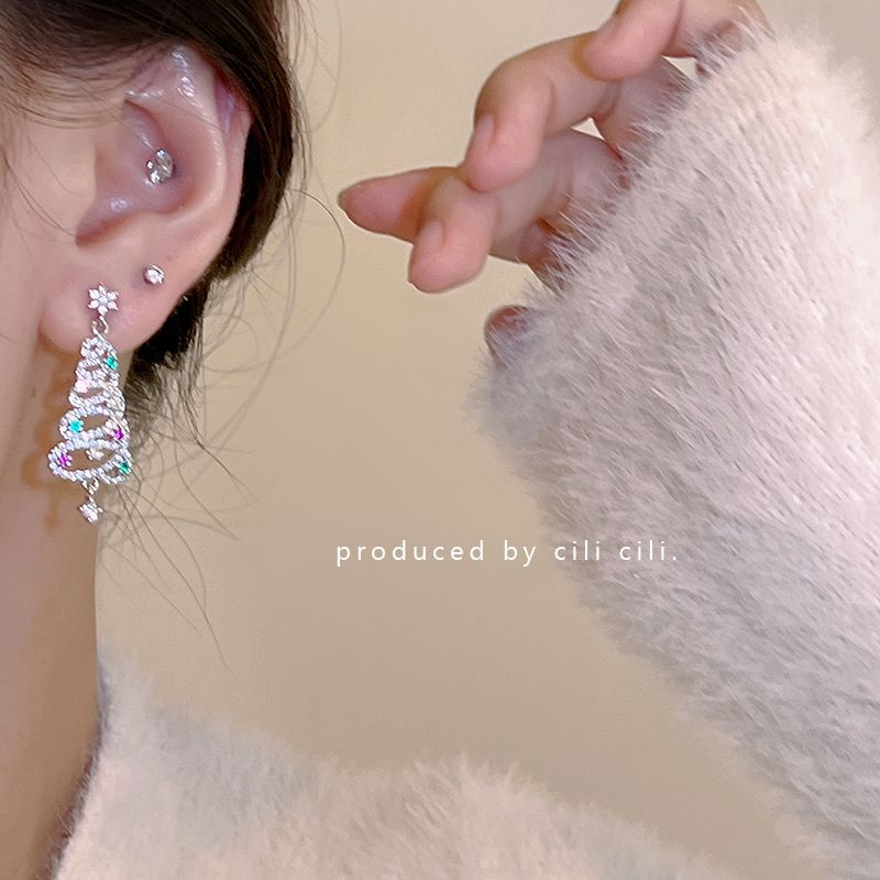 Bông Tai Hình Cây Thông Giáng Sinh Đính Đá zircon Nhiều Màu Sắc Siêu Lấp Lánh Thời Trang Thu Đông