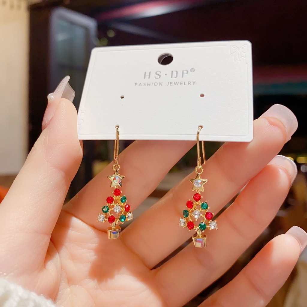 Bông Tai Hình Cây Thông Giáng Sinh Đính Đá zircon Cao Cấp Sang Trọng Phong Cách Hàn Quốc
