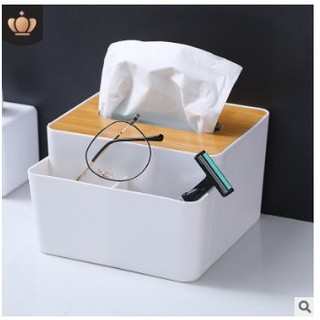 Hộp đựng giấy ăn vuông để bàn ăn 2 ngăn đựng đồ thông minh nắp gỗ decor