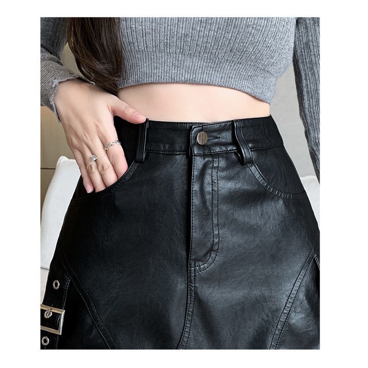 Chân Váy Ngắn Da pu Dáng Chữ a Lưng Cao Phối Khóa Kéo Thời Trang Thu Đông Cho Nữ