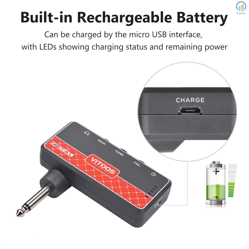 VITOOS Metal Guitar Headphone Amplifier Amp with Aux In - Audio Amp for Connecting External Devices