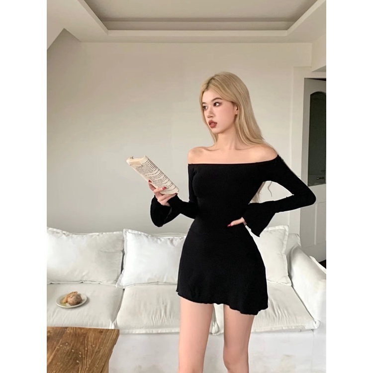 Tingyaxiu Váy Ôm Sát Tay Chuông Màu Đen Gợn Sóng Thời Trang Thu Đông Cho Nữ