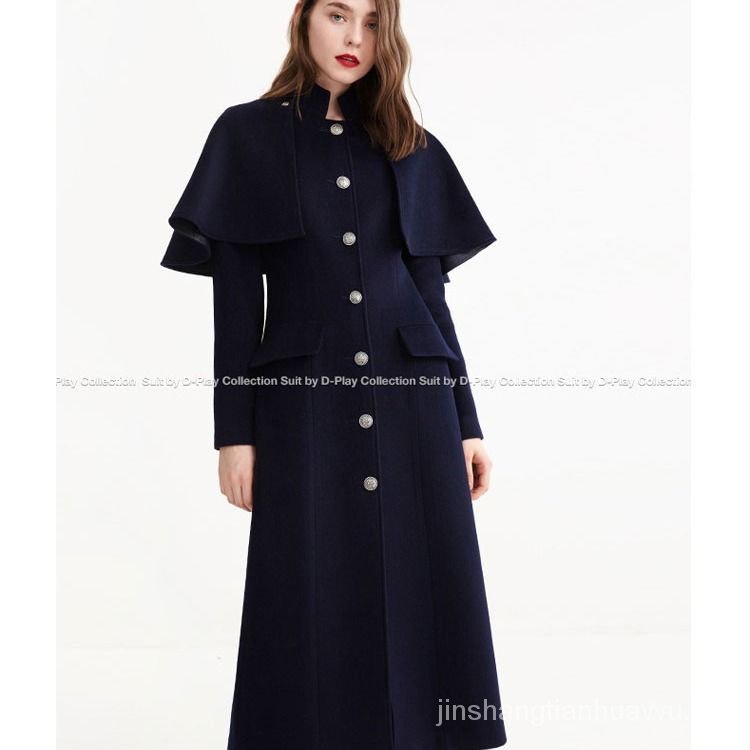 Áo Choàng Len Hai Mảnh Dáng Dài Màu Xanh navy Phong Cách Âu Mỹ Thời Trang Mùa Đông Mới Cho Nữ