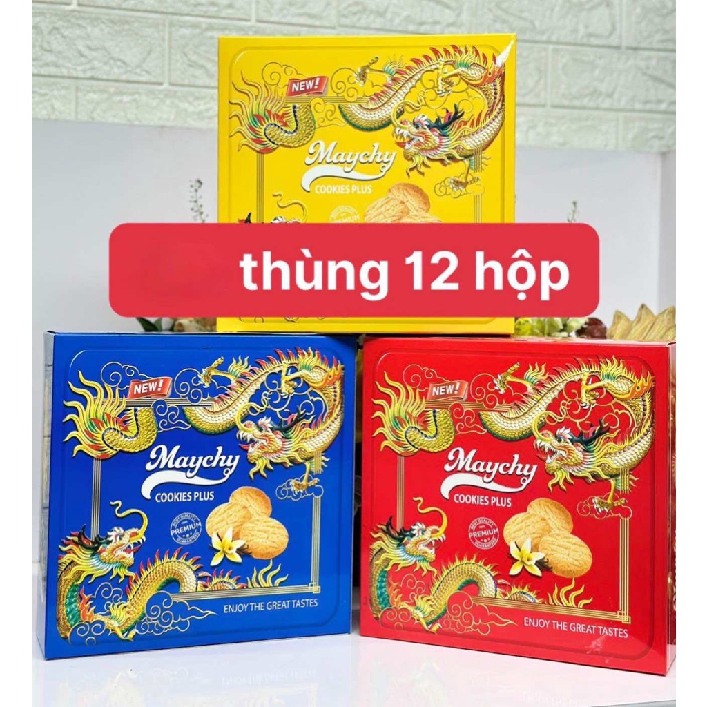 Hộp 500g bánh quy bơ vuông Maychy hình rồng 3 màu xanh đỏ vàng