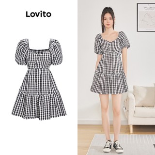 Đầm Lovito tay phồng viền lai bèo tôn dáng kẻ caro thường ngày cho nữ L62ED142 (màu đen và trắng)