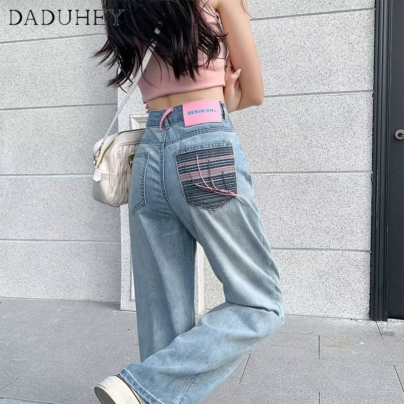 Quần jean rách DADUHEY dáng dài size lớn ống rộng thoải mái cạp cao màu nhạt thời trang kiểu Mỹ cho nữ