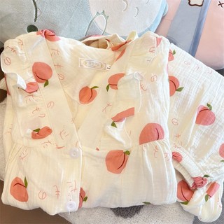 Bộ đồ ngủ tay dài viền bèo nhún phong cách công chúa dễ thương thời trang xuân thu mới cho nữ