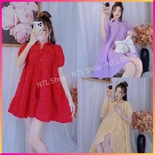 Váy đầm babydoll cổ sơ mi 3 tầng caro dễ thương, váy babydoll xoè tầng cute mặc đi chơi siêu đẹp ảnh thật