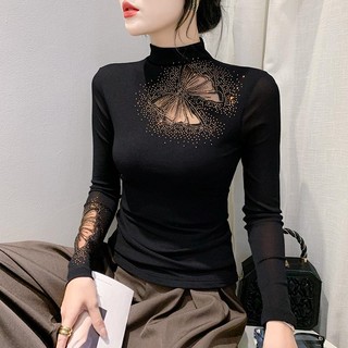 Miou Cổ Cao Lớp Lót Áo Sơ Mi Nữ Thu Đông Châu Âu Gợi Cảm Rỗng Lưới Kim Cương Nóng Áo Thun Nữ Tay Dài