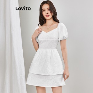 Đầm Lovito tay phồng xếp tầng bigsize dự tiệc vải khâu màu trơn thường ngày cho nữ L65ED144 (màu trắng)
