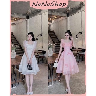 Đầm midi cổ vuông tay ngắn đính nơ chất vải tafta phủ voan, Đầm phong cách tiểu thư hai màu trắng hồng