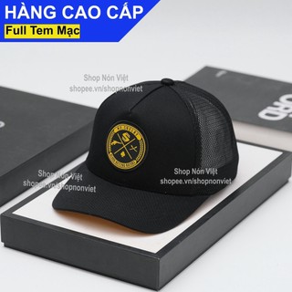 Mũ lưỡi trai nón kết logo tròn hoạ tiết vàng phối lưới thoáng mát vải kaki cotton đen form đứng / nón sơn