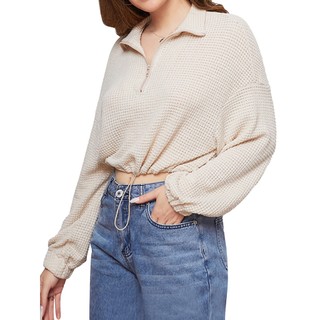 (Gợi ý từ KOL) Áo sweatshirt Lovito cổ polo phối khóa kéo màu trơn có dây rút phong cách thường ngày L08126 (Màu be)