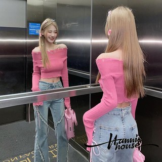 Áo Croptop Dệt Kim Trễ Vai Tay Dài Cổ Thuyền Có Gân Cho Nữ