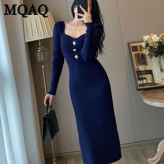 Đầm dệt kim MQAQ cổ vuông lưng cao dáng ôm thời trang thu đông Pháp 2023