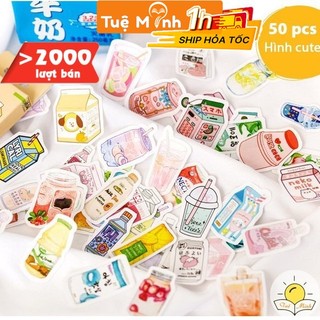 Bộ 50 sticker đồ vật, nhãn dán VPP Tuệ Minh cute hình hộp sữa, cây xanh STI11