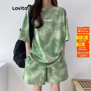 Set đồ quần ngắn Lovito L08154 nhuộm màu loang in chữ thời trang thường ngày màu xanh lá
