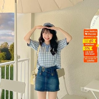 (Gợi ý từ KOL) Lovito Preppy Áo thun cổ polo nữ co giãn kẻ sọc màu xanh dương L11017