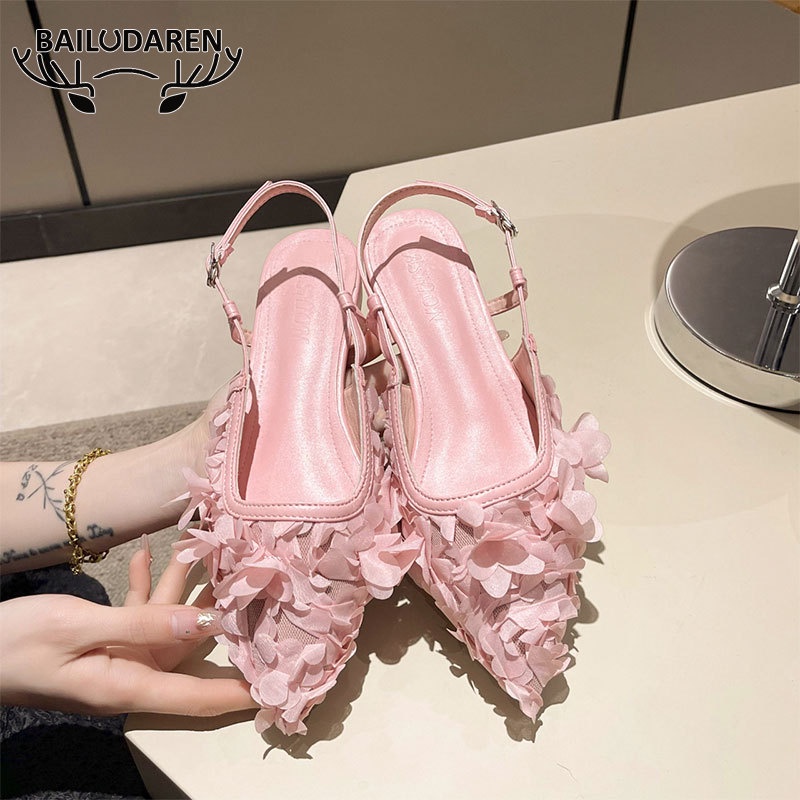 BAILUDAREN. Giày Cao Gót Mũi Nhọn Đế Bằng Họa Tiết Hoa Xinh Xắn