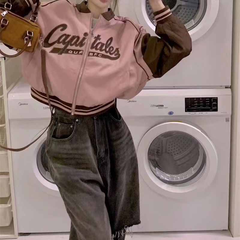 Áo Khoác Bóng Chày Tay Dài Dáng Rộng In Chữ cozok Màu Sắc Tương Phản Có Khóa Kéo Phong Cách vintage