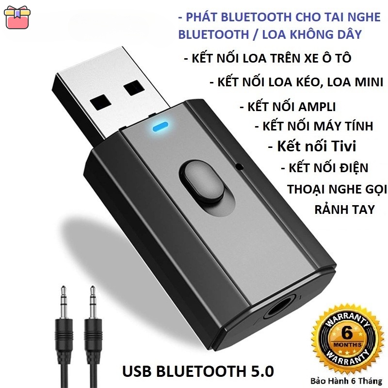 Usb bluetooth 5.0 Thiết bị thu phát âm thanh đa chức năng jack cắm 3.5mm cho loa, ô tô tai nghe blue YKT