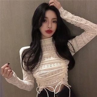 Áo Croptop Ôm Dáng Phối Ren Rỗng Dây Rút Thiết Kế Đơn Giản Quyến Rũ Dễ Phối Đồ Cho Nữ