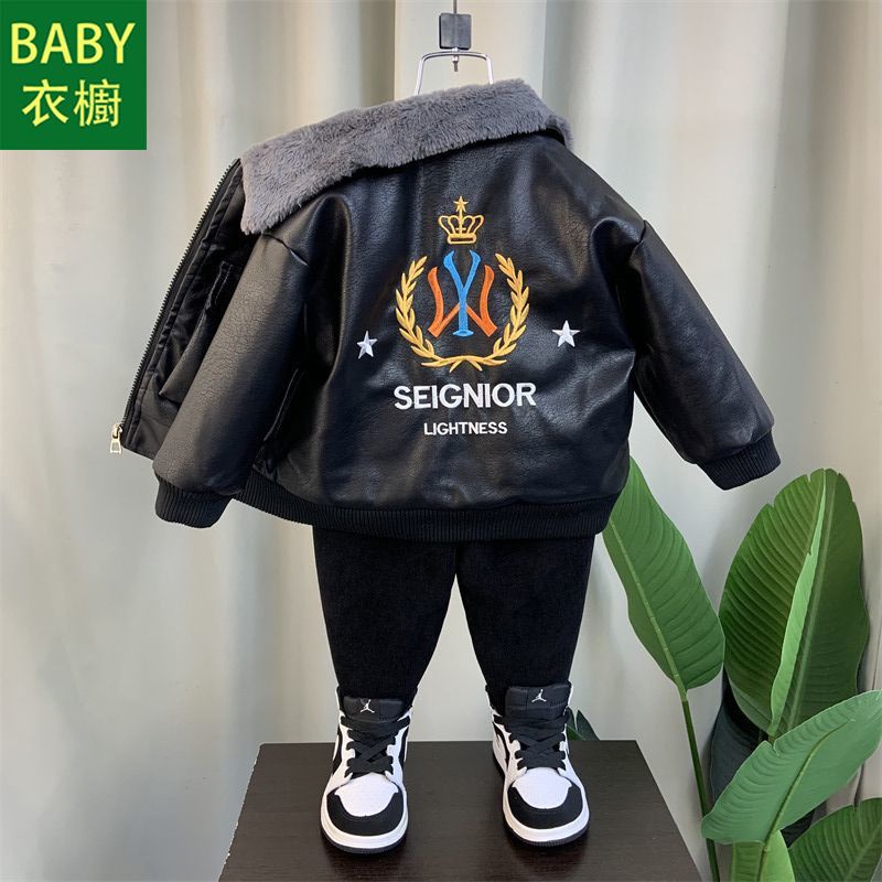 Áo Khoác Da Lót Lông Cừu Phong Cách Hàn Quốc Thời Trang Mùa Đông 2023 Cho Bé Trai