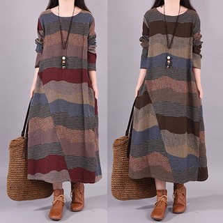 Váy dài tay cổ tròn bằng cotton và lanh phong cách thời trang mới 2023