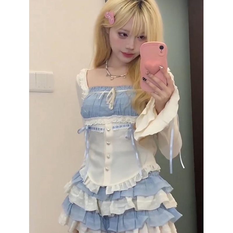 Dopamine Set Áo Sơ Mi Tay Dài Phối Chân Váy Tầng Màu Trơn Thời Trang Mùa Thu 2023 6fpe