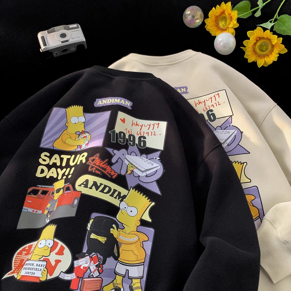 Áo sweater Nhung Dày Cổ Tròn In Hình simpson Hoạt Hình Phong Cách hip hop Mỹ Cho Nam Nữ