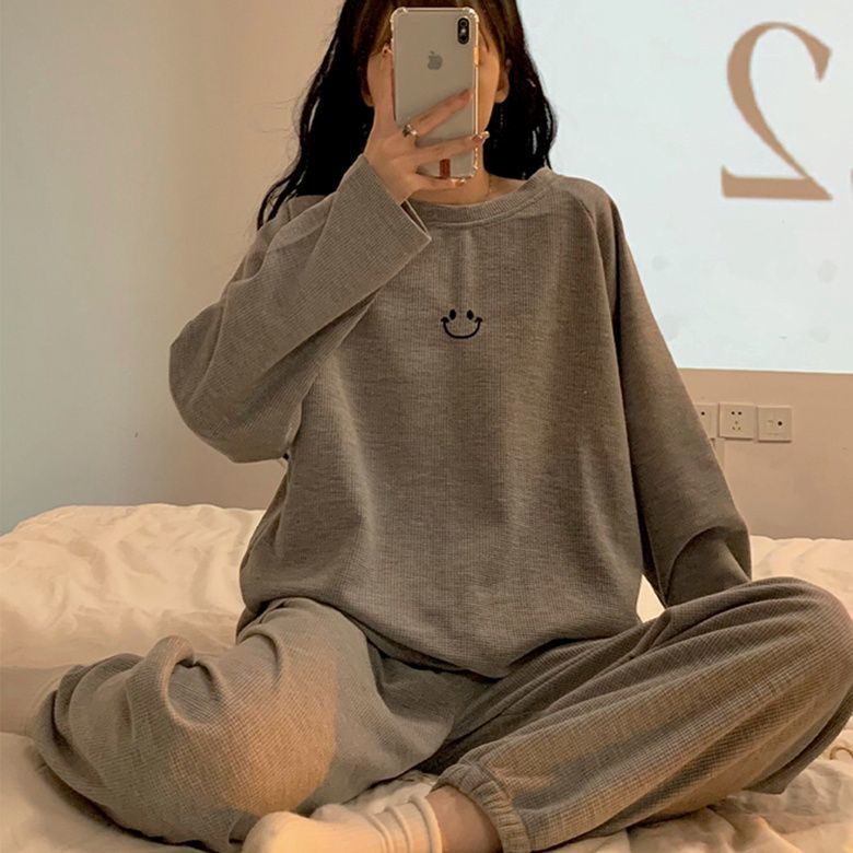 Bộ Đồ Ngủ Tay Dài Dáng Rộng in Hình Bánh waffle Cười Dễ Thương Thời Trang Mùa Thu Cho Nữ