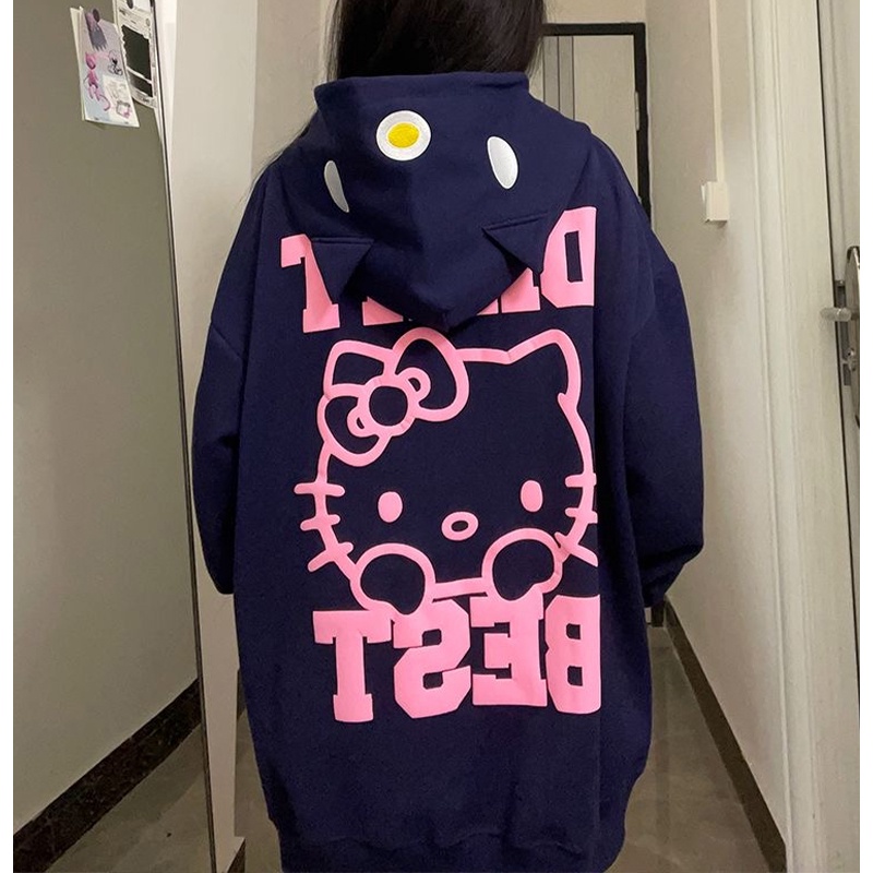Zhu xia Áo Khoác sweatshirt Có Khóa Kéo Hai Màu Hình hello kitty Dễ Thương Cho Nữ