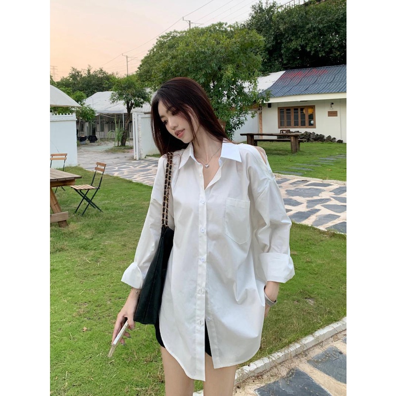 Áo Sơ Mi Tay Dài Chống Nắng Dáng Rộng Màu Trơn Thời Trang Mùa Thu Phong Cách Hàn Quốc Cho Nữ