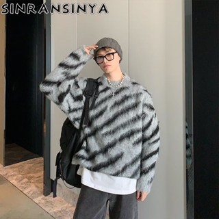 Áo sweater dệt kim SINRANSINYA cổ tròn họa tiết ngựa vằn tương phản cao cấp phong cách retro đường phố Mỹ mới cho nam nữ