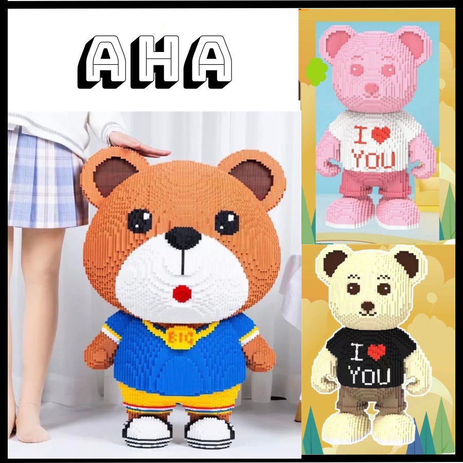 Lego gấu béo teddy nâu đầu to 45-48-80cm, gấu hội họa gấu hồng cute, đồ chơi lắp ghép thông minh bearbrick TẶNG BÚA