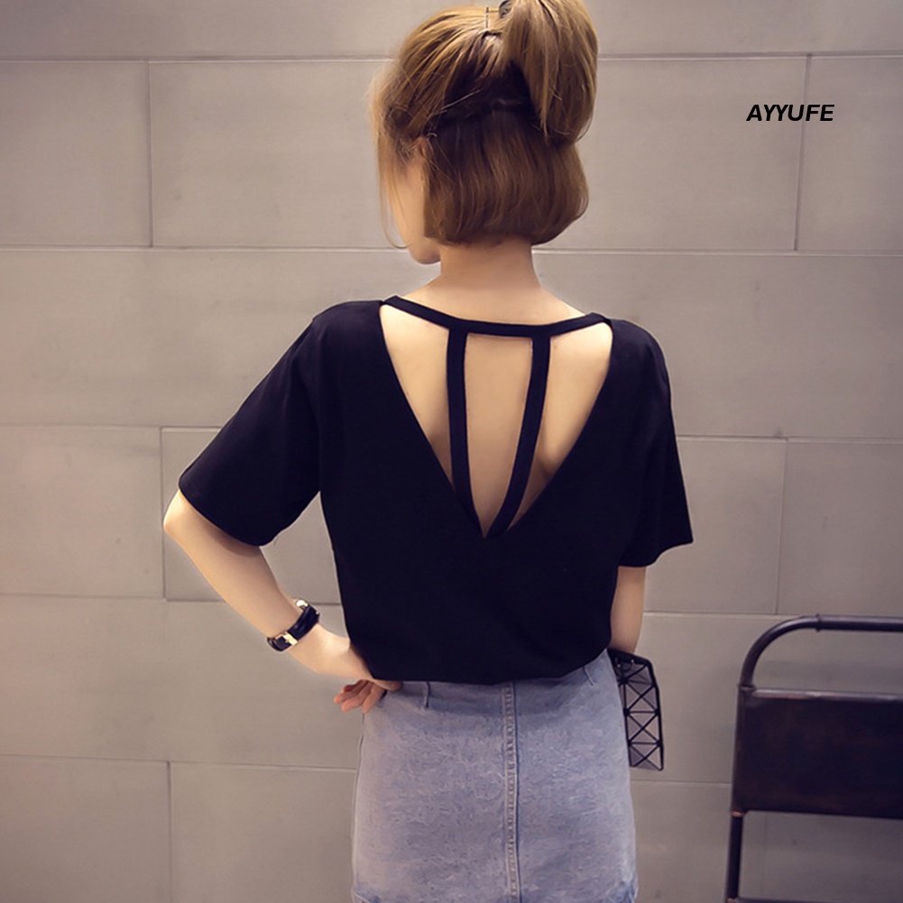 Áo Thun Tay Ngắn Cổ Tròn Hở Lưng Màu Trơn Dành Cho Nữ