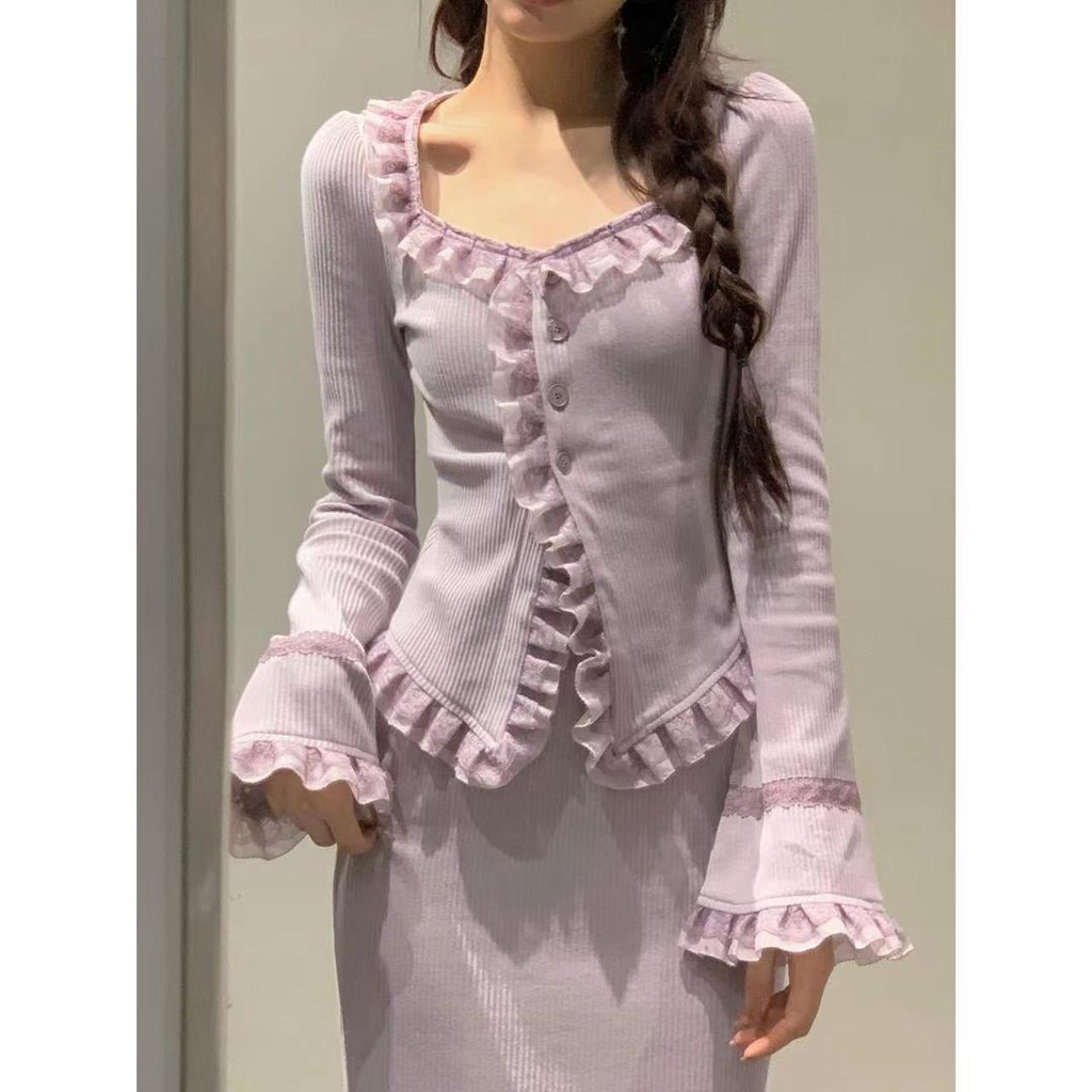 Bộ Áo cardigan Dệt Kim Phối Bèo + Chân Váy Đuôi Cá Màu Tím In Hoa < 77