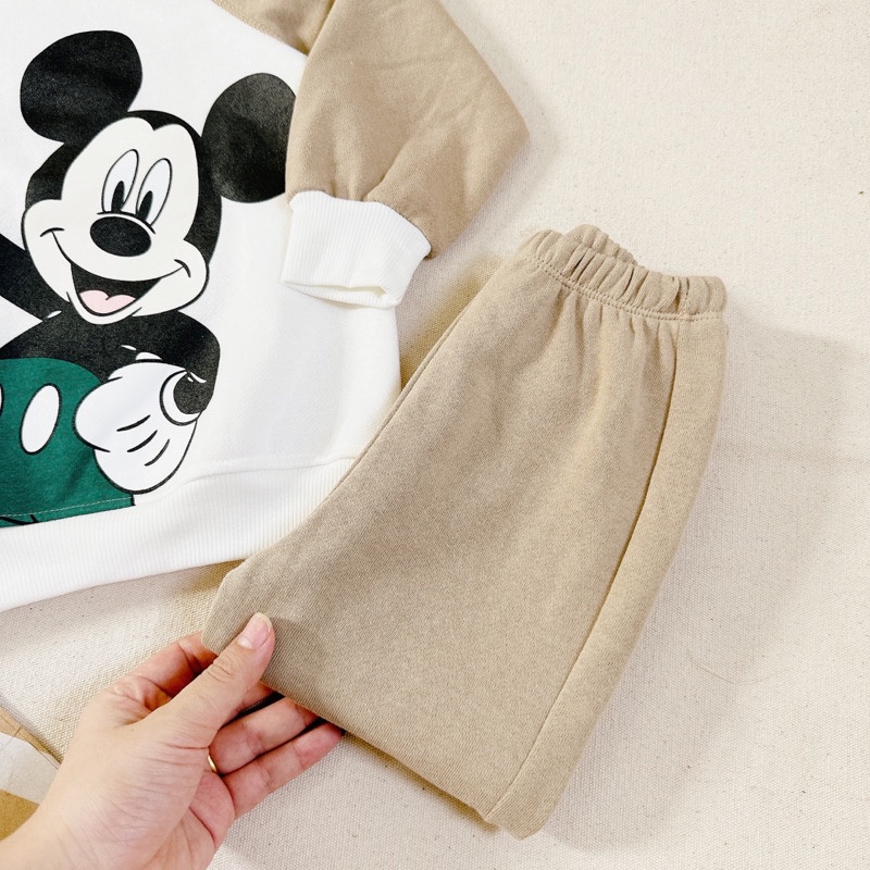 ✨MALINHKID✨N049- Bộ thun phối xanh nâu chuột cổ tròn trẻ em VNXK