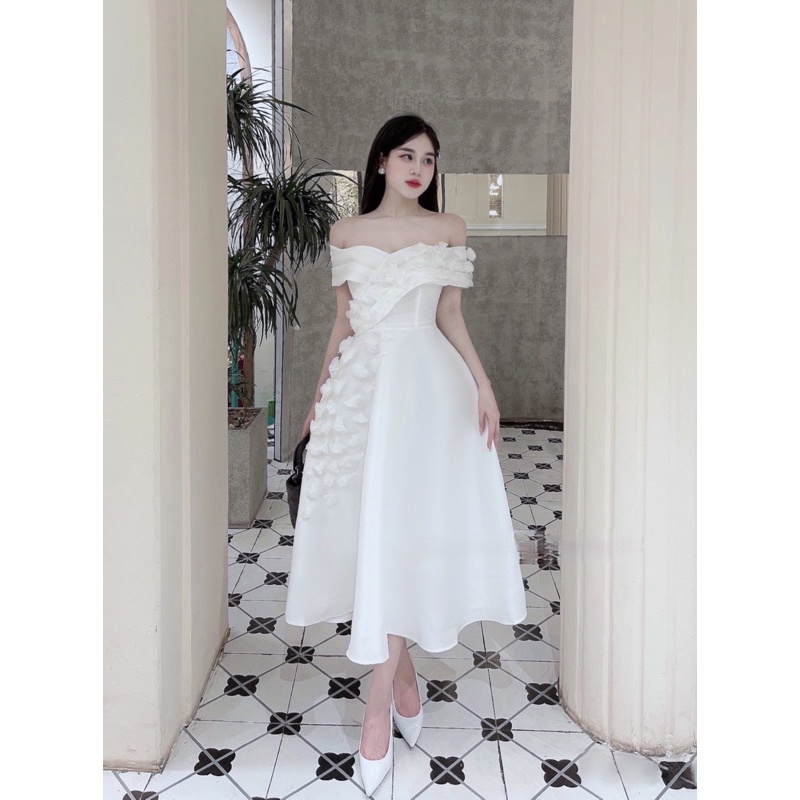 ❤️ V248 VÁY TRẮNG TRỄ VAI DỰ TIỆC, đầm đính hoa cô dâu đi bàn miiu