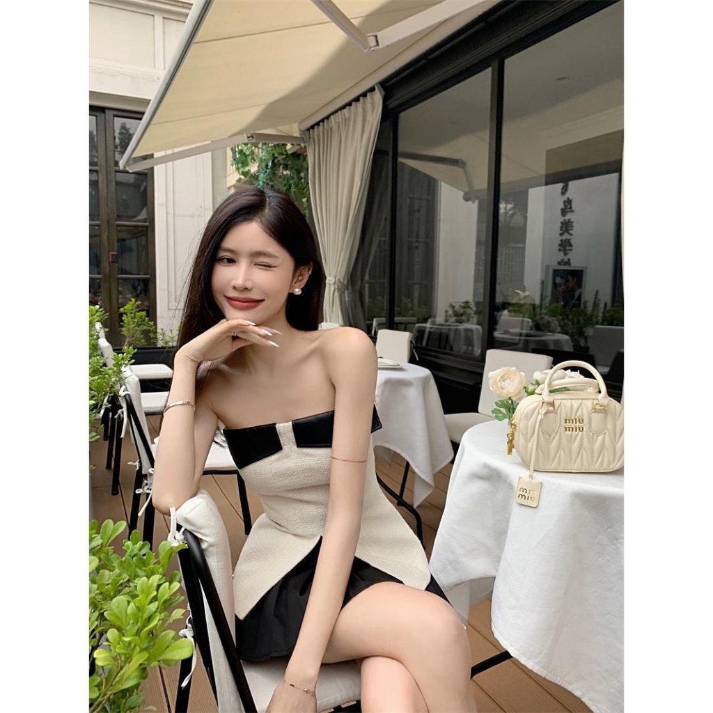 Quý Cô Mùa Hè Áo Ống Dây Thắt Lưng Áo Không Tay Bằng Da Chắp Vá Thời Trang Và Gợi Cảm