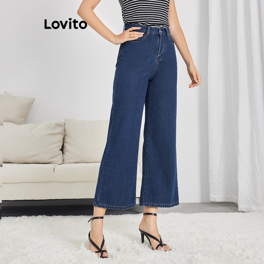 Quần jean Lovito có túi màu trơn thường ngày cho nữ LBE04026