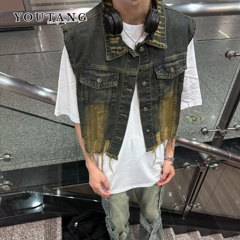 YOUTANG Áo Khoác denim Không Tay Ngắn Dáng Rộng Phong Cách retro Cho Nam