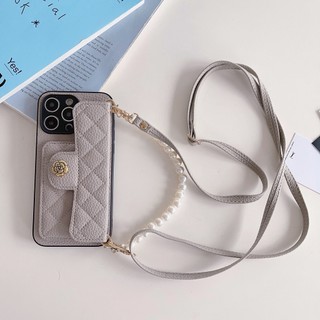 Ốp Điện Thoại Dạng Ví Đeo Chéo Đính Ngọc Trai Cho iphone 12 mini 15 14 13 11 pro max xr xs 8 7 plus 12