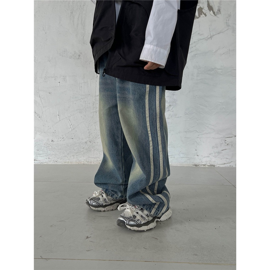 Quần jean ống suông bé trai SIZE ĐẠI QB641 size 90-160 màu xanh mài sọc bên, thời trang trẻ em thu đông 2023