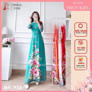 K88 Áo dài nữ truyền thống thiết kế đẹp in 3D lụa Nhật nền xanh ngọc hoa đào áo dài Thúy Kiều rẻ đẹp