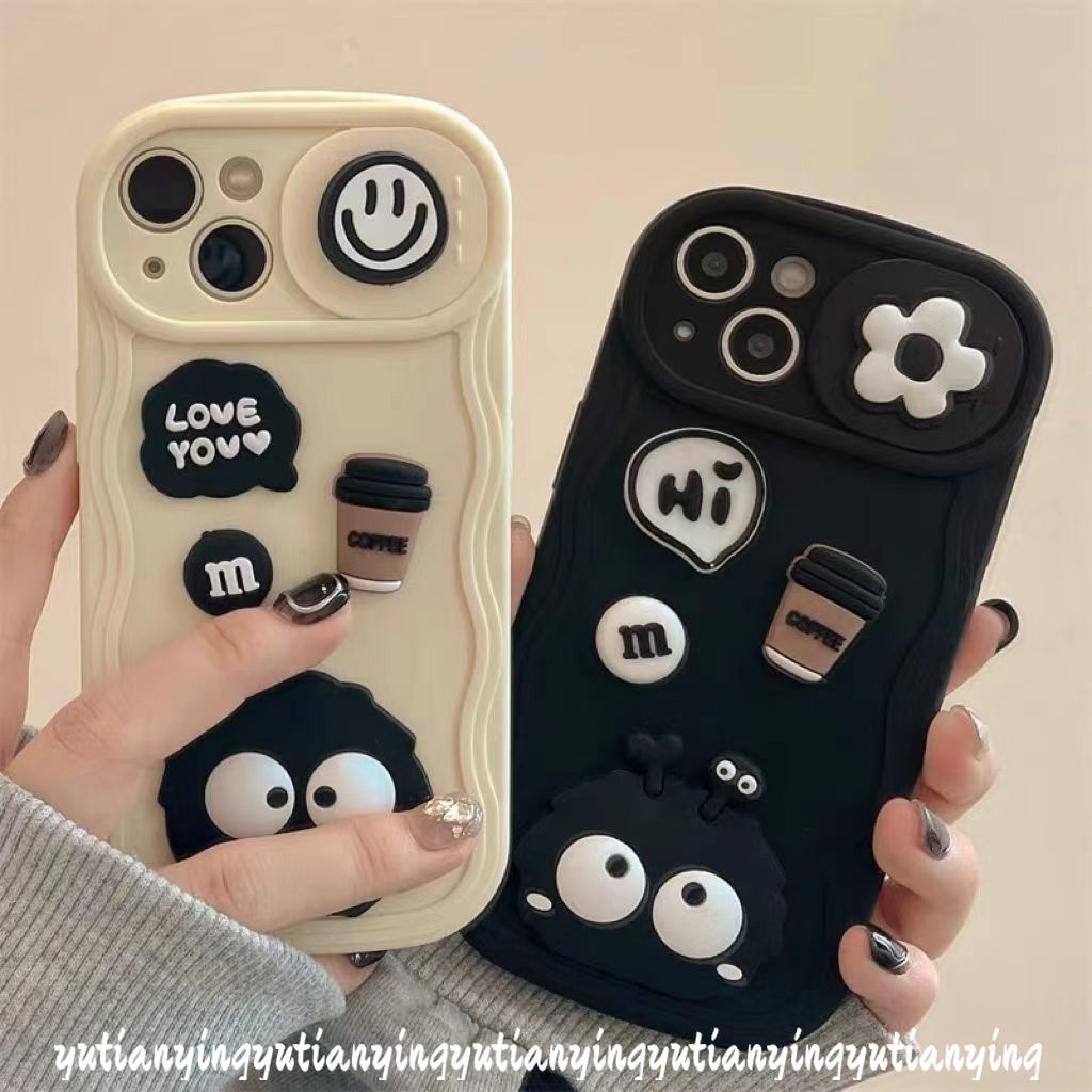 Hoạt Hình Ốp Điện Thoại Hình Búp Bê 3d Màu Đen / Cà Phê Có Nắp Trượt Bảo Vệ camera iphone xr xs x max 11 6 6s 7 8 plus 13 14 12 pro max