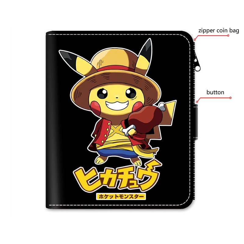 Dễ Thương Ví Da pu Ngắn Màu Đen Có Khóa Kéo In Hình pikachu Đáng Yêu
