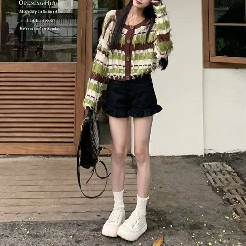 You Áo Khoác cardigan Len Tay Dài Viền Tua Rua Tương Phản Phong Cách Ngọt Ngào Cho Nữ